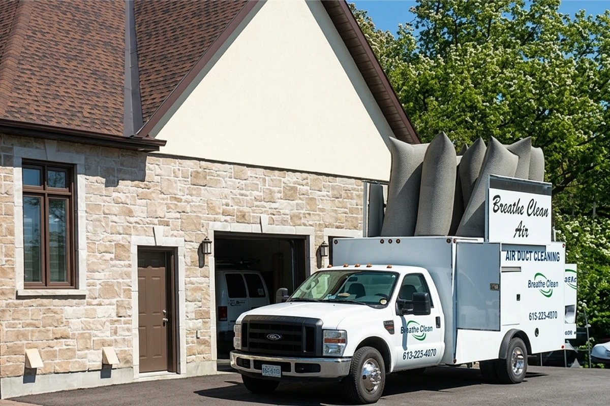 Air duct cleaning truck parked outside house
